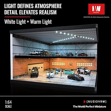 1/64 Diorama Showroom Garage Model, Tri-Color LED Parking Lot Scene Display, 2 Tier Diecast Model Cars Display Case, Dimmable Model Cars Storage, 1:64 Buildings, Display Box (C)