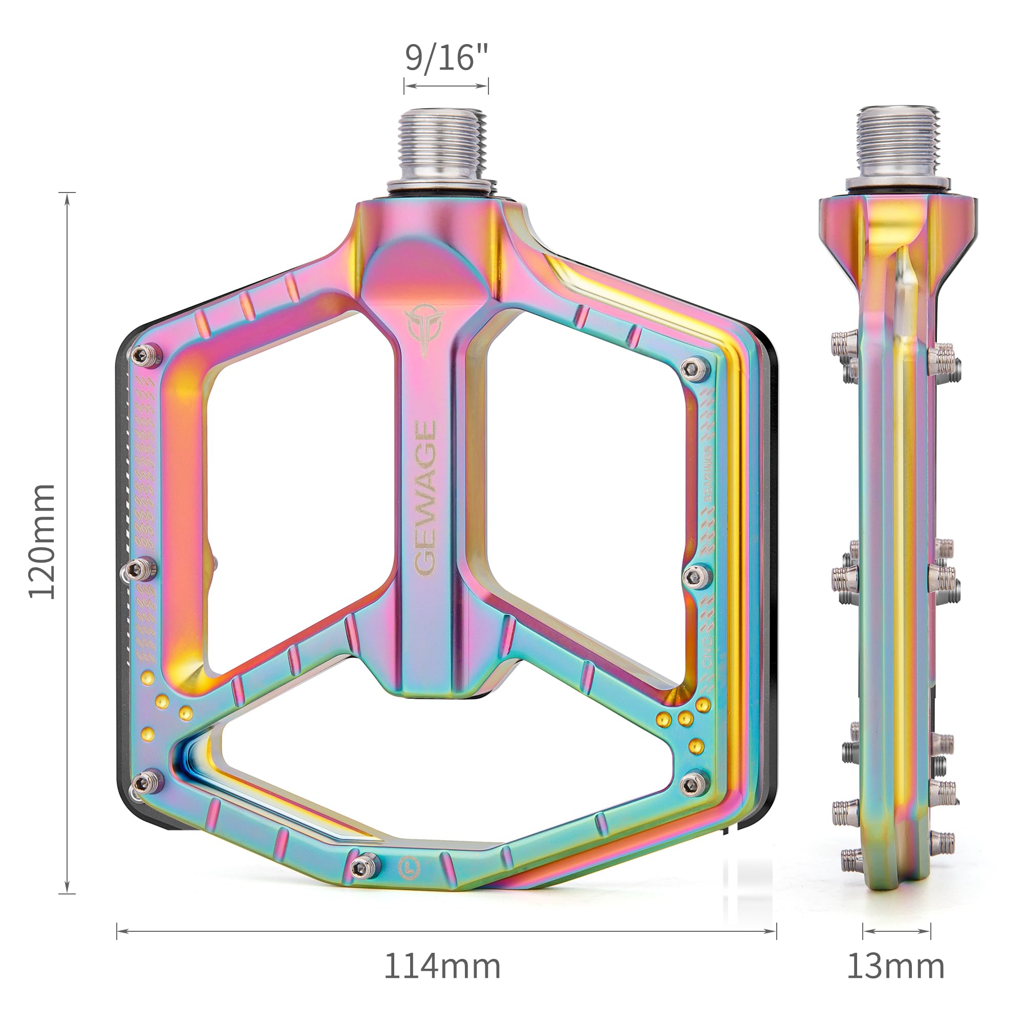 GEWAGE MTB Pedale Profi-Edition–CNC-Aluminium, 9/16″ Chromoly-Achse,ultraflaches Design ohne Endkappe, extra großem abgedichtetem Kugellager+Nadellager, 14 Anti-Rutsch-Pins, für technische Trails