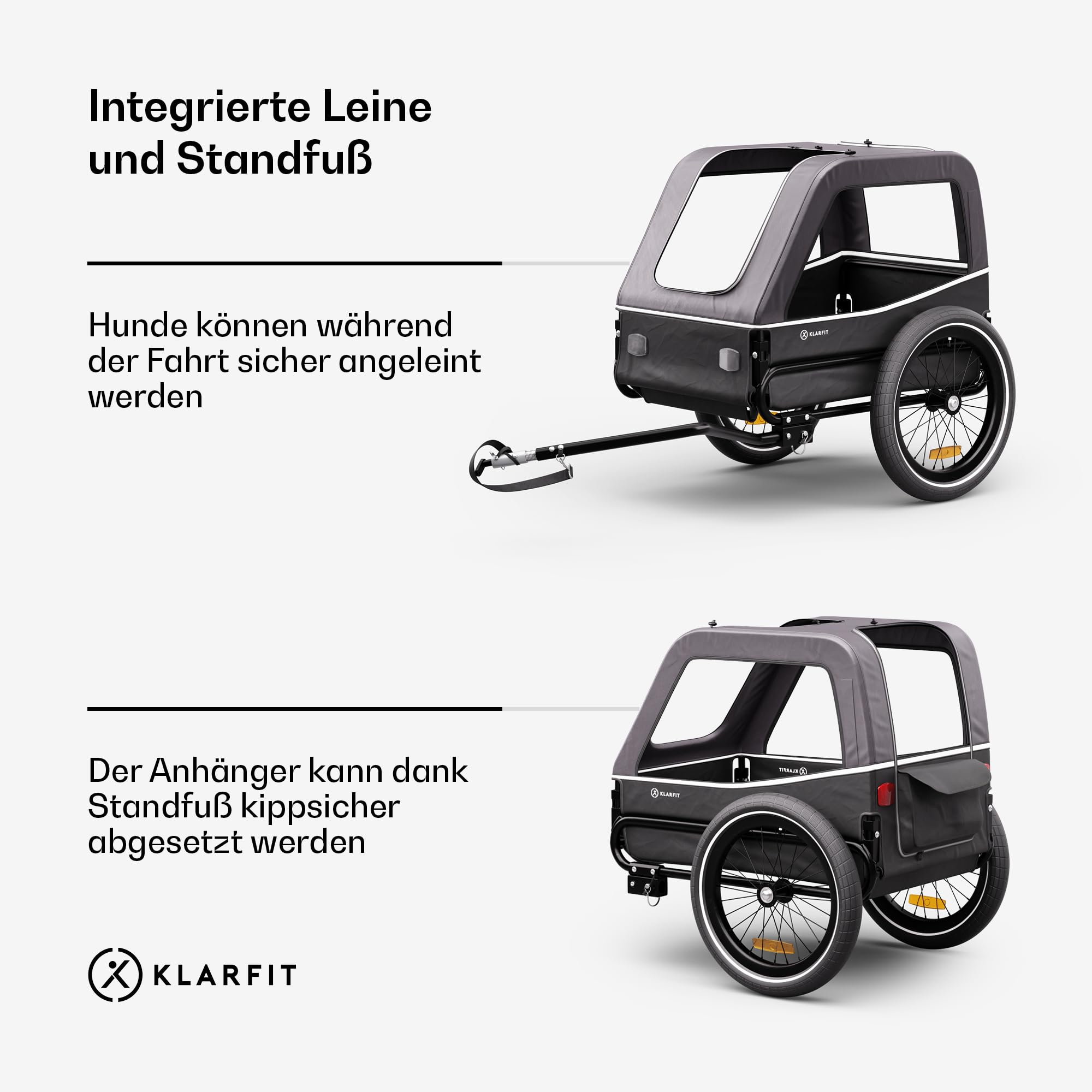 Klarfit Goldie S Hundefahrradanhänger, klappbar, mit Leine, wasserabweisend, doppelte Sicherheit, Reflektoren & Regenschutz, max. 28kg, dunkelgrau