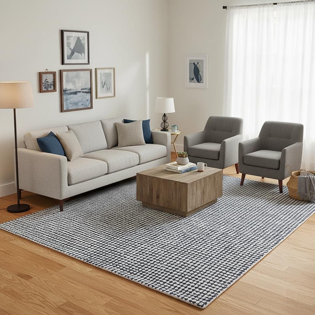 Hand-Tufted 100% Wool Pile Area Rug – Geometric Textured Grid Check Pattern – Thick and Durable Floor Carpet for Bedroom, Living Room, Kids Room, and Dining Area (Charcoal Gray, 2' x 3')