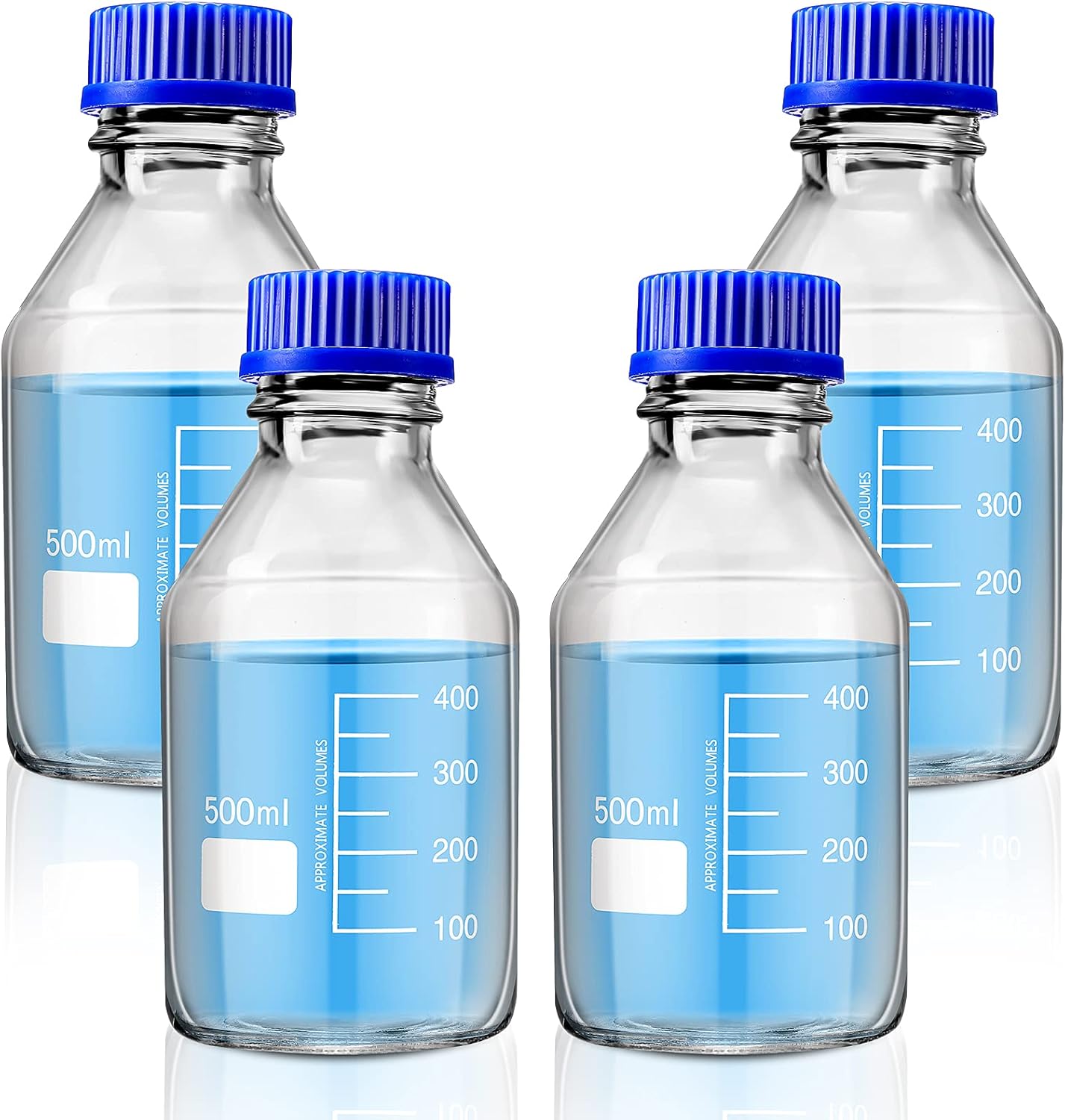 Patelai 4 Pieces Glass Round Media Storage Glass Bottles Borosilicate Media Bottles with GL45 Blue Screw Cap for Lab Water Reagent Liquids(500 ml)