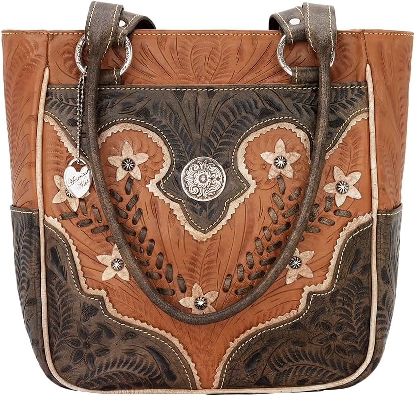 American West Hand Tooled Handcrafted Genuine Leather Zip-Top Bucket Tote Purse for Women Desert Wildflower Collection