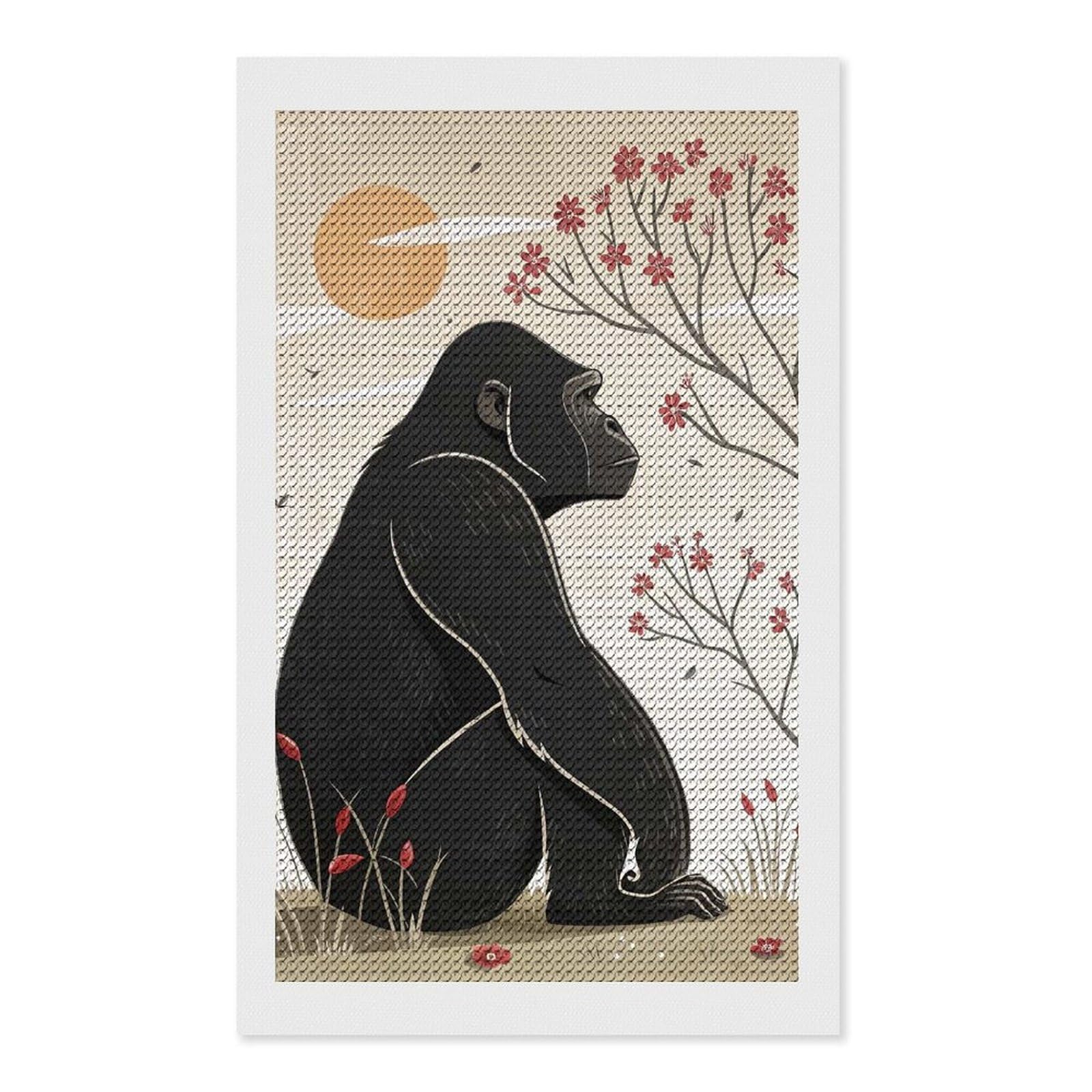 Junmoney Gorilla Sitting Under Cherry Blossoms Crystal Diamond Art Kit 12"x20", Stress Relief Craft, Decorative Artwork, Vintage Style Decor, Birthday Gift