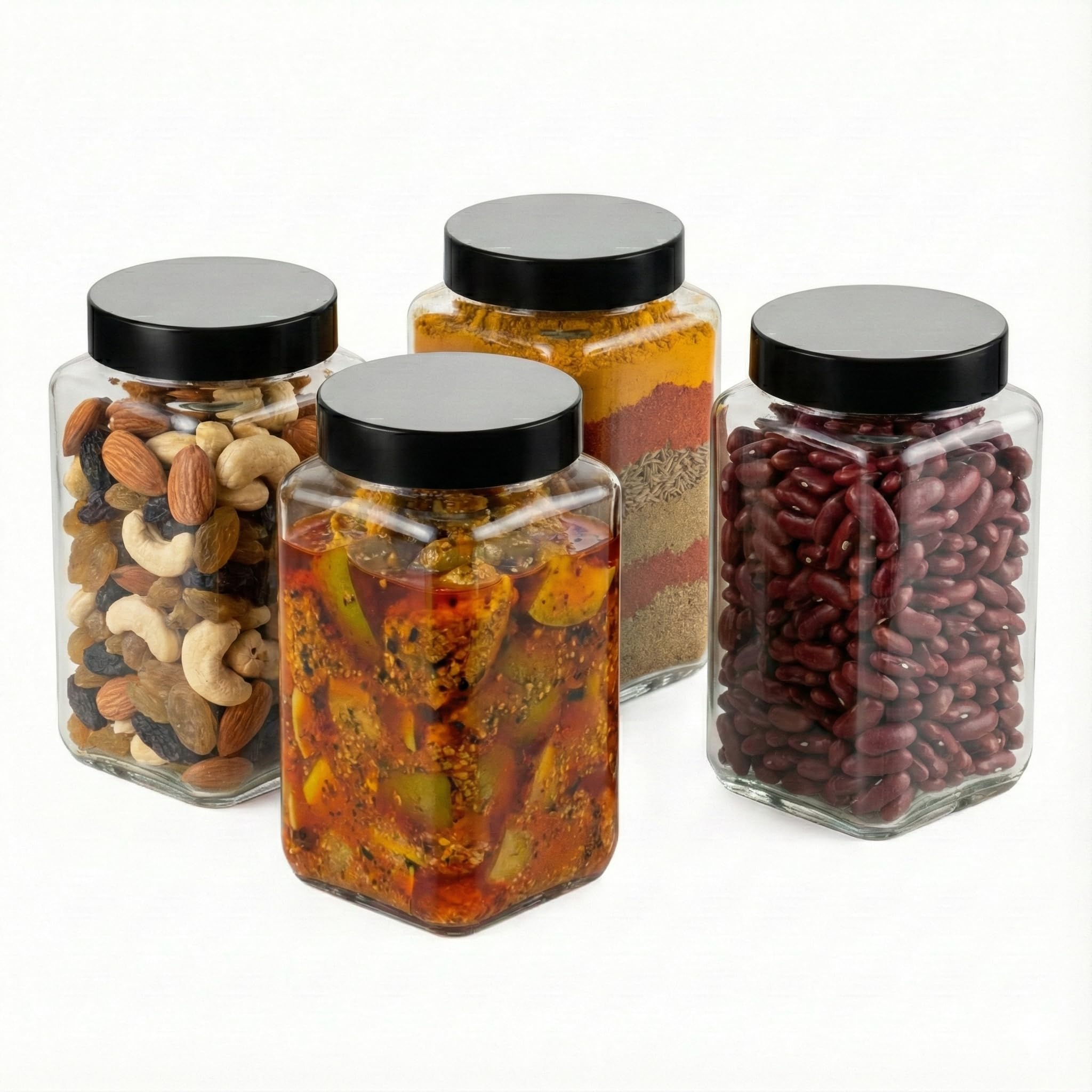 Airtight Glass Storage Jar 1000ml Set of 4 with Black Lid | Square Transparent Kitchen Containers for Pickle, Masala & Dry Fruits | Leakproof, BPA Free, Heavy Duty-image-42