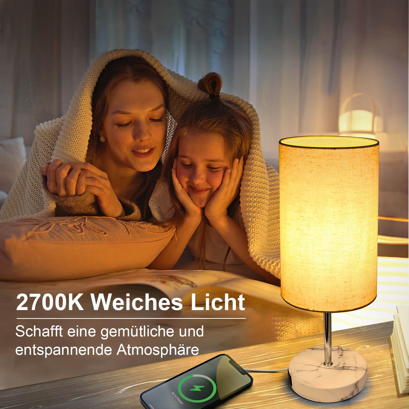 Nachttischlampen 2er Set Schlafzimmer, LED Tischleuchte Touch Dimmbar mit USB Ladefunktion, Modern E27 Tischlampe Beige mit Schirm inkl. 6W Warmweiß LED-Birne