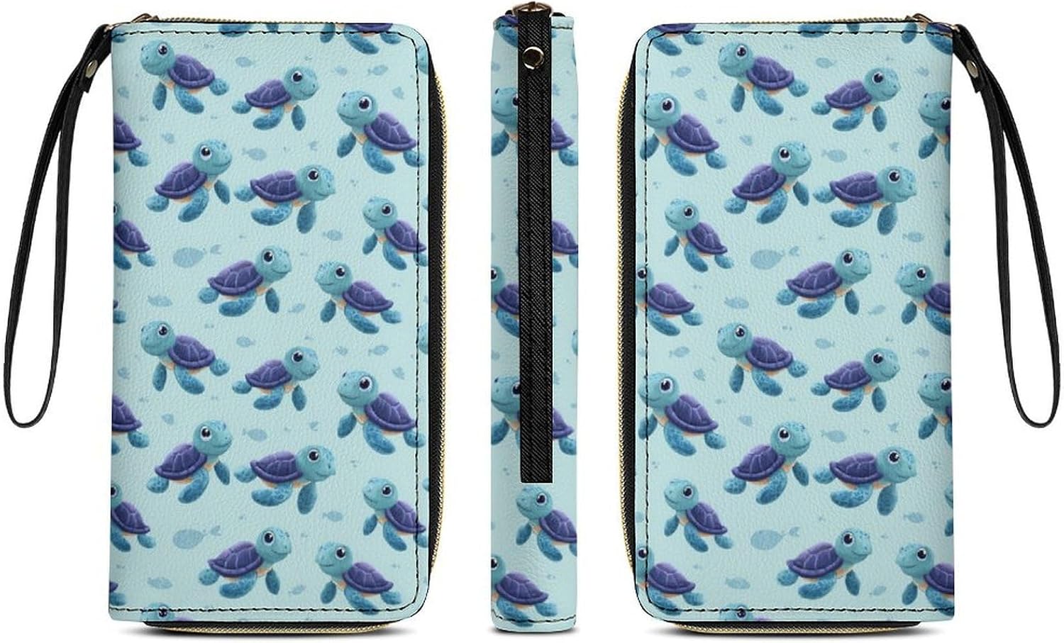 Sea Turtle Cartoon Pattern Long Zippered Pouch Large Clutch Cash Wallet with Rope Handle for Men Women