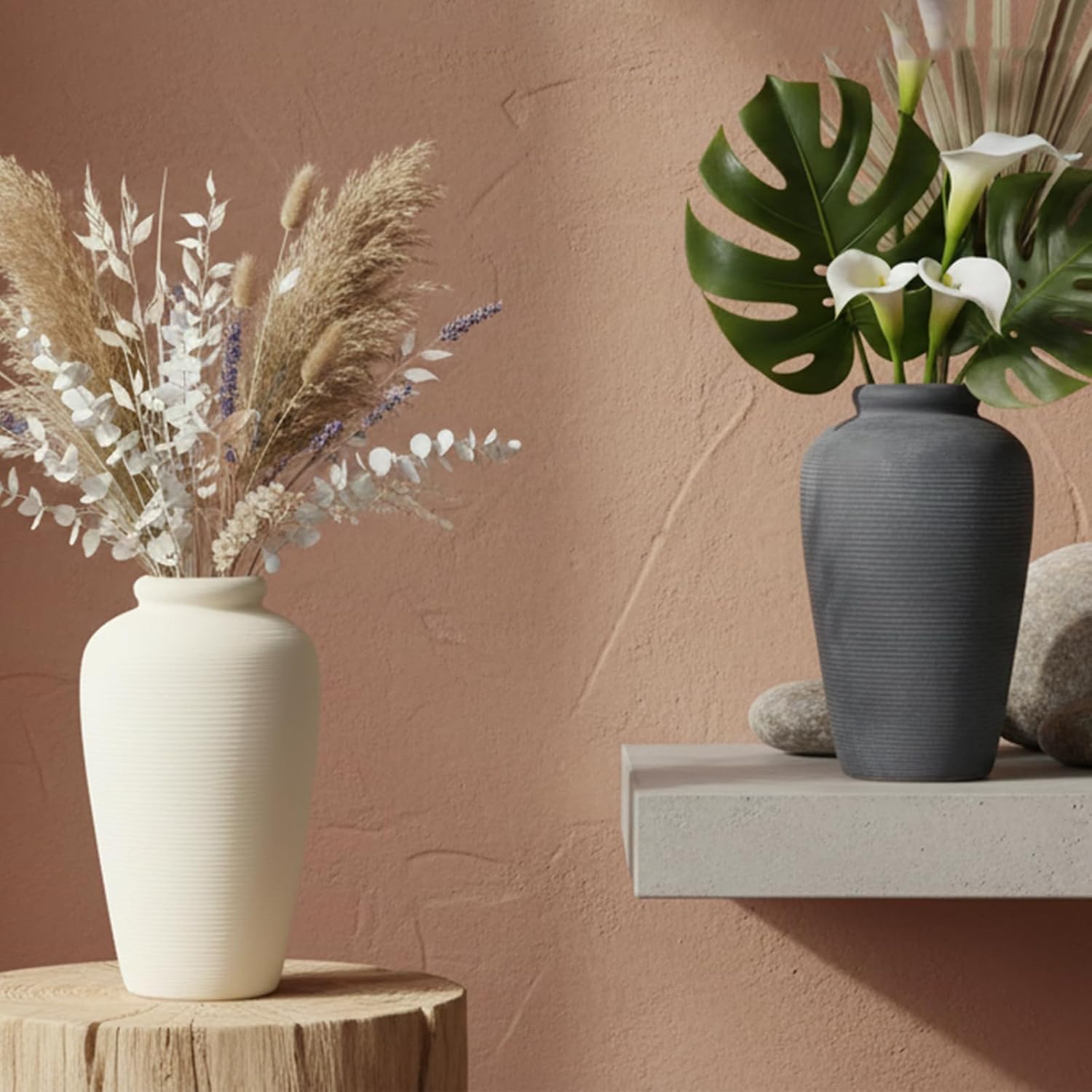 Ceramic Flower Vase,11 Inch Tall Modern Rustic Farmhouse Vases Home Decor,Handmade Pottery Vase Decorations for Living Room,Large Terracotta Floral Vases for Bedroom Table Fireplace Kitchen-White