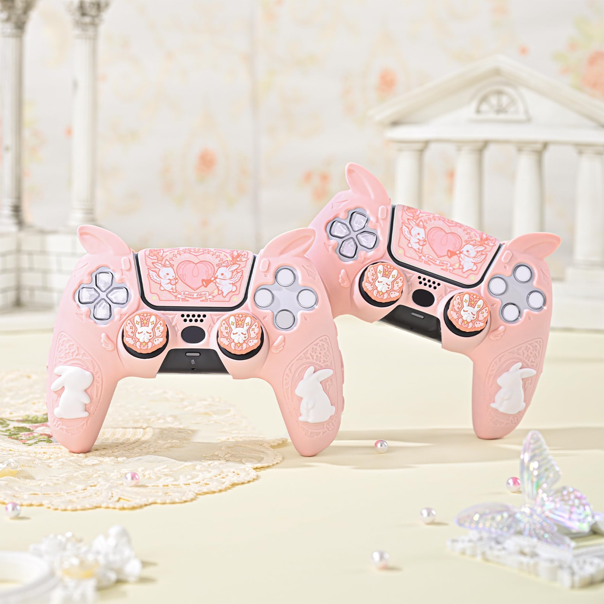 GeekShare PS5 Kontroler Ochronne Etui, Miękkie Silikonowe Etui Ochronne do Bezprzewodowego Kontrolera PS5 z 2 Nakładkami na Kciuki i 1 Naklejką - Gothic Bunny
