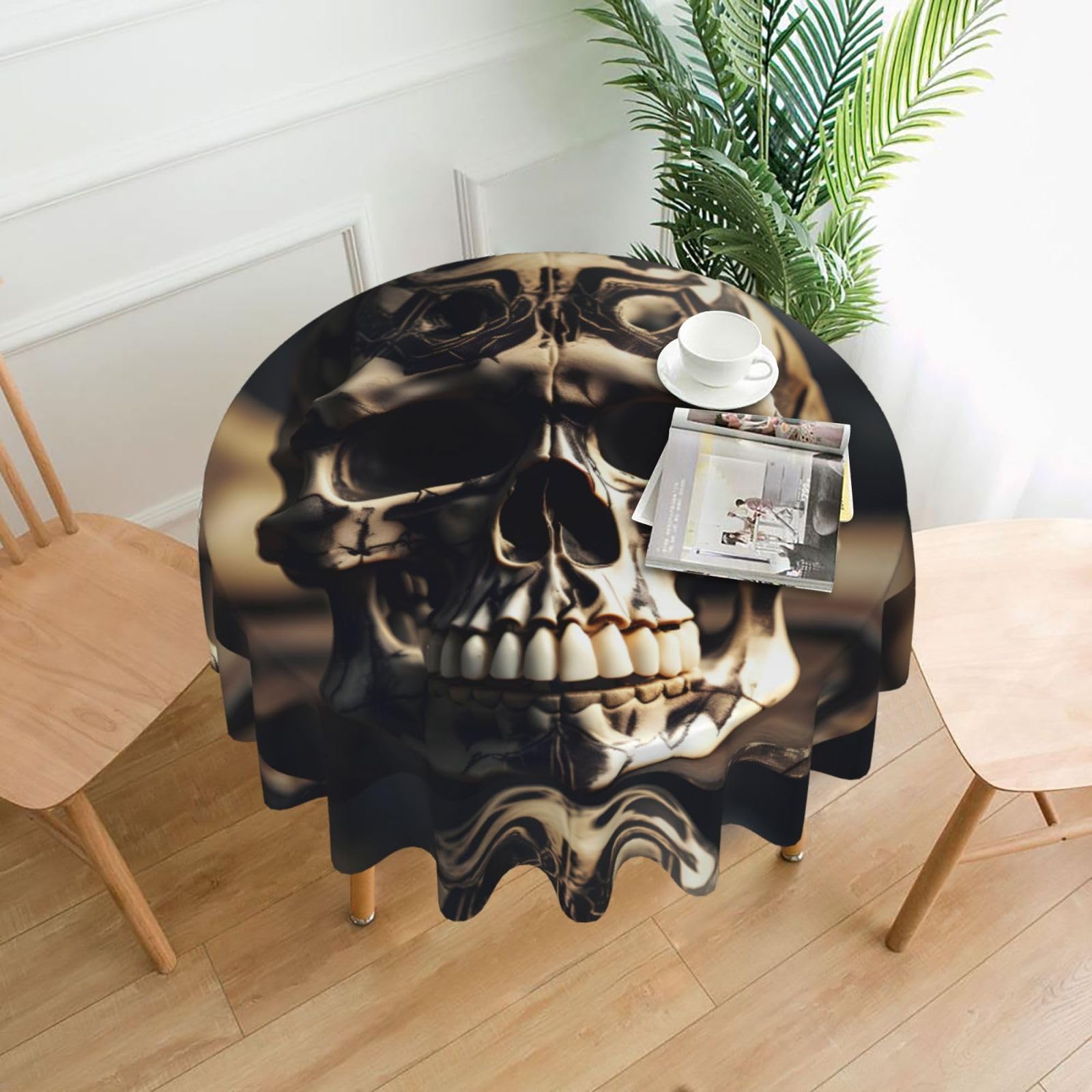 Nbtghga Skull Rock Roll Skeleton Bone Print Tablecloth Round Border Table Cloth Cover Decorative For Party Holiday Dinning Tabletop Home