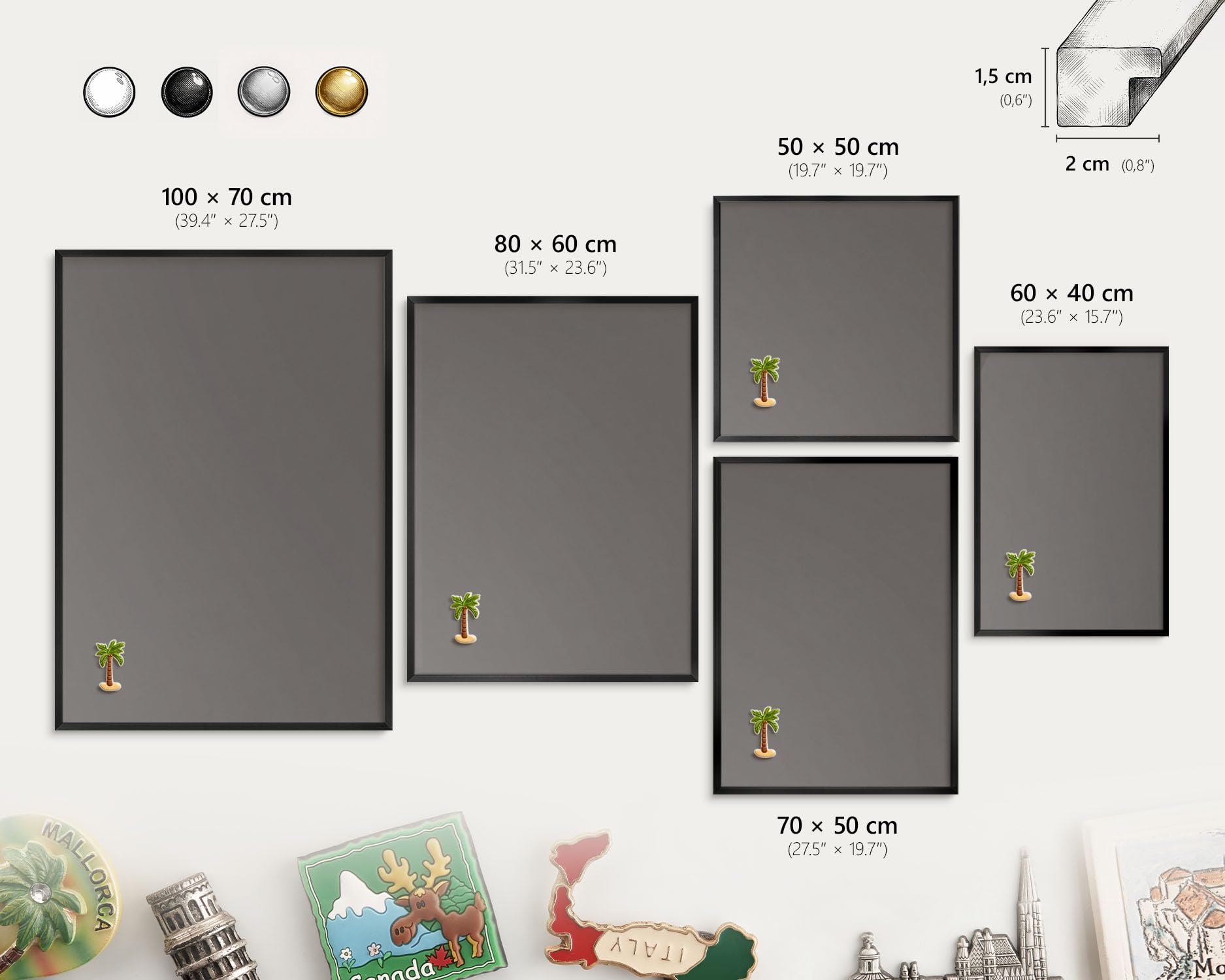 Panel Magnético Creativo 60x40 cm | con Marco Negro | Gris Oscuro | Montaje Fácil | Pizarra de Pared Escolar | Para Letras Magnéticas, Números, Notas de Estudio y Calendario
