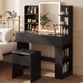 YESHOMY 35.4" Vanity Desk with LED Mirror and Lights,Makeup Vanity Set with 2 Storage Drawers, 2 Side Shelves, 1 Storage Bench and Open Storage Shelves, 3 Color Modes, for Bedroom, Classic Black
