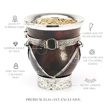 BALIBETOV Selected Collection - Yerba Mate Gourd (Mate Cup) - Premium Mate Gourd With German Silver Details - Includes Stainless Steel Bombilla and Cleaning Brush. (The Iguazu Mate)