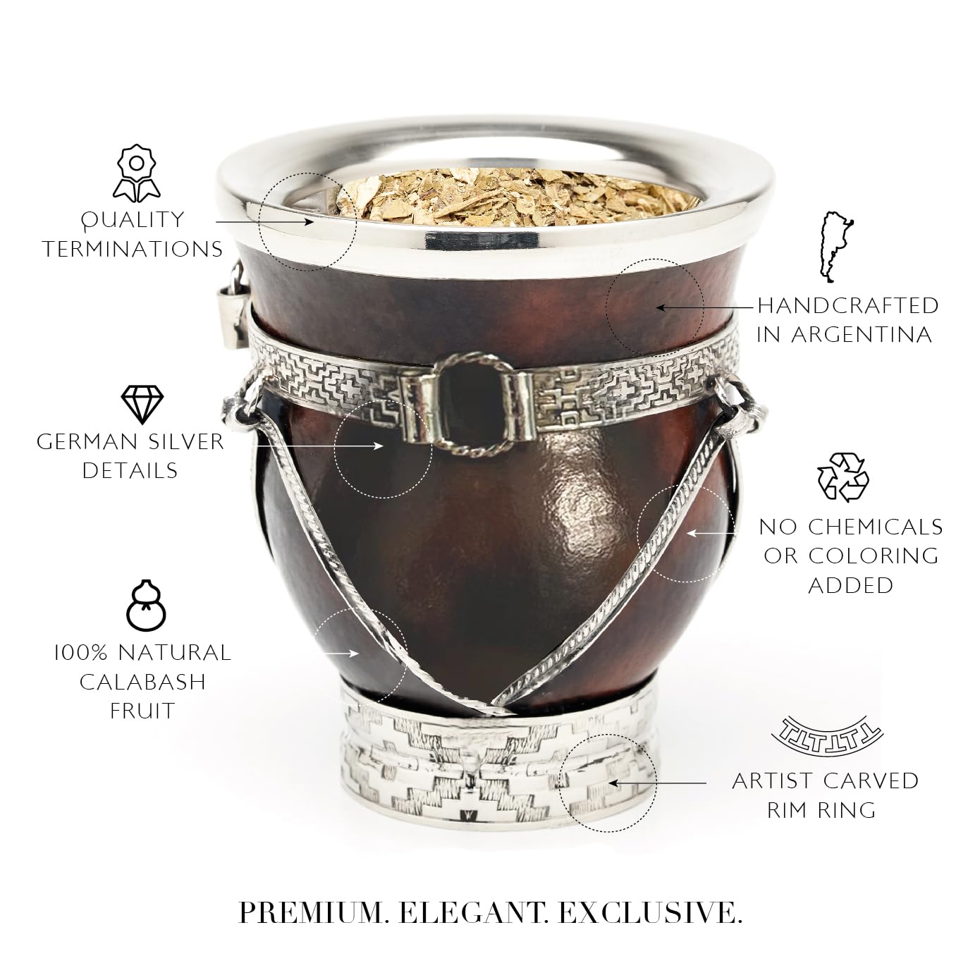 balibetov Ausgewählte Kollektion - Yerba Mate Kürbis (Mate Cup) - Premium Mate Gourd mit Details aus Neusilber - Inklusive Edelstahl Bombilla und Reinigungsbürste. (Iguazú)