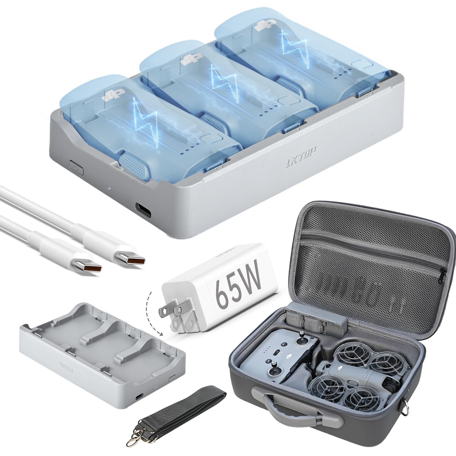 LKTOP 65W Neo 2 Charging Hub Kit+Carrying Case for DJI Neo 2 Combo Drone Accessories, Fast Battery Charger USB-C Parallel Power Adapter PU Leather Storage Bag with Strap (Charge 3 Batteries: 46min)
