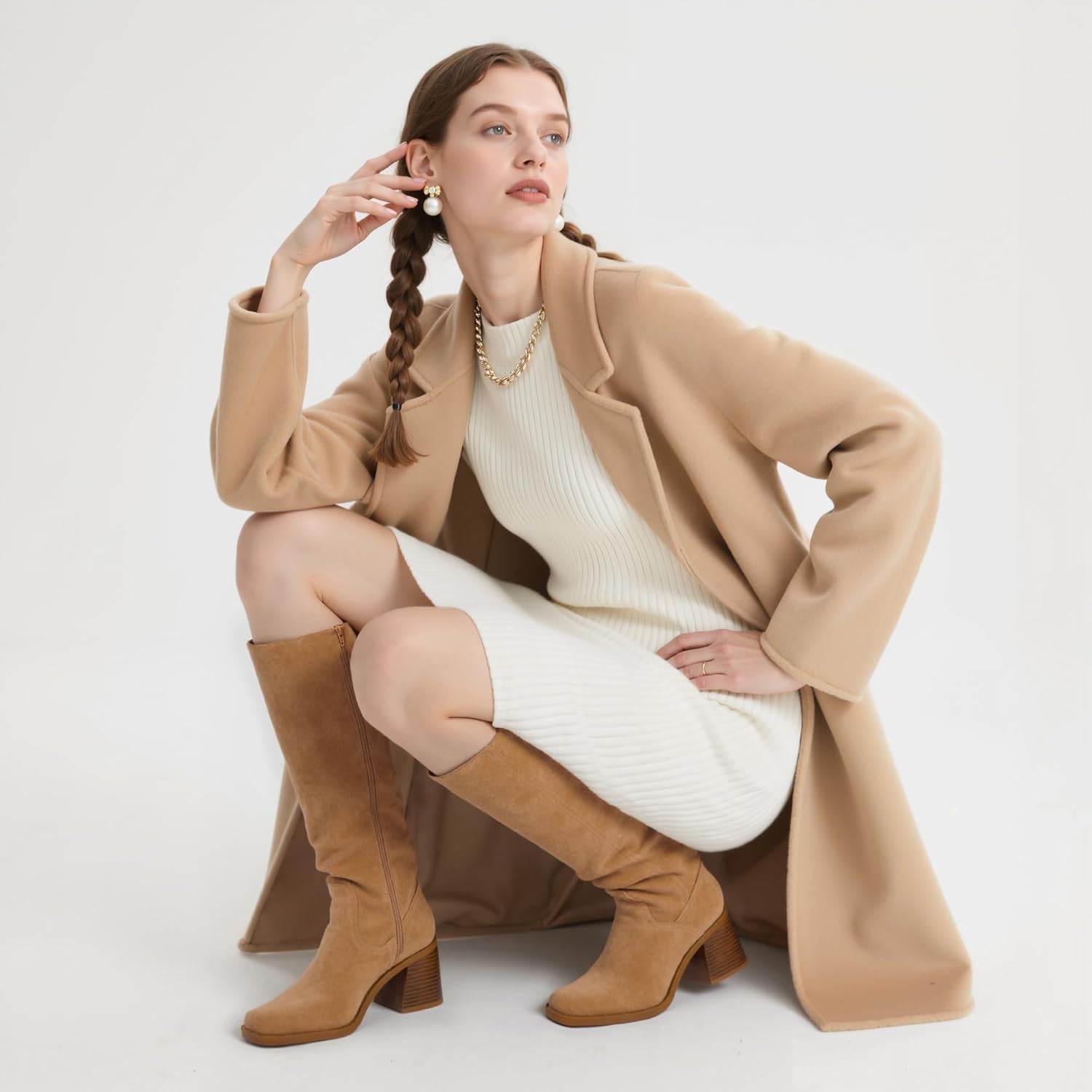 Women's Knee High Boots with Zipper Square Toe Chunky Heeled Tall Boots for Women