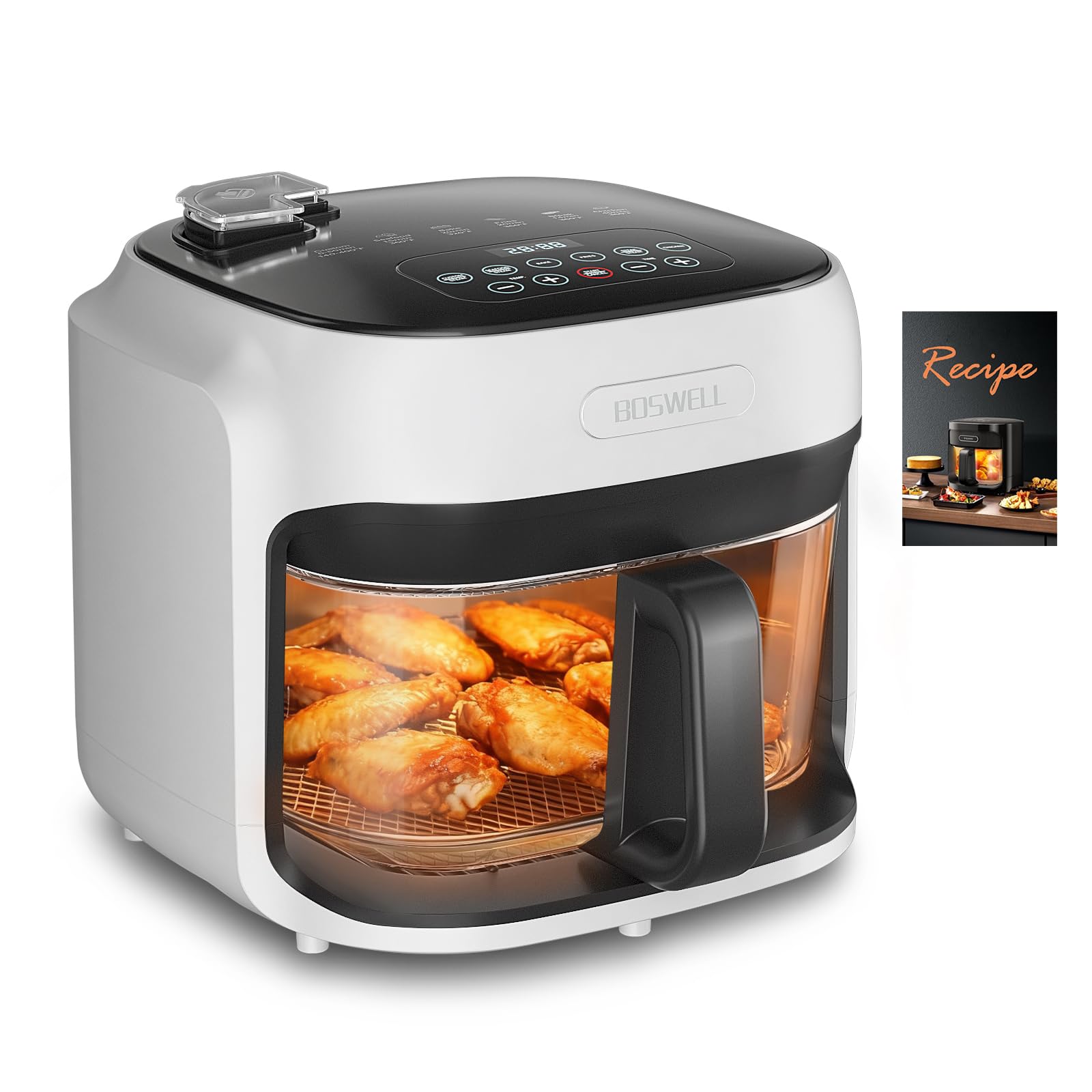 BOSWELL 7.5QT glass air fryer in white with touchscreen controls