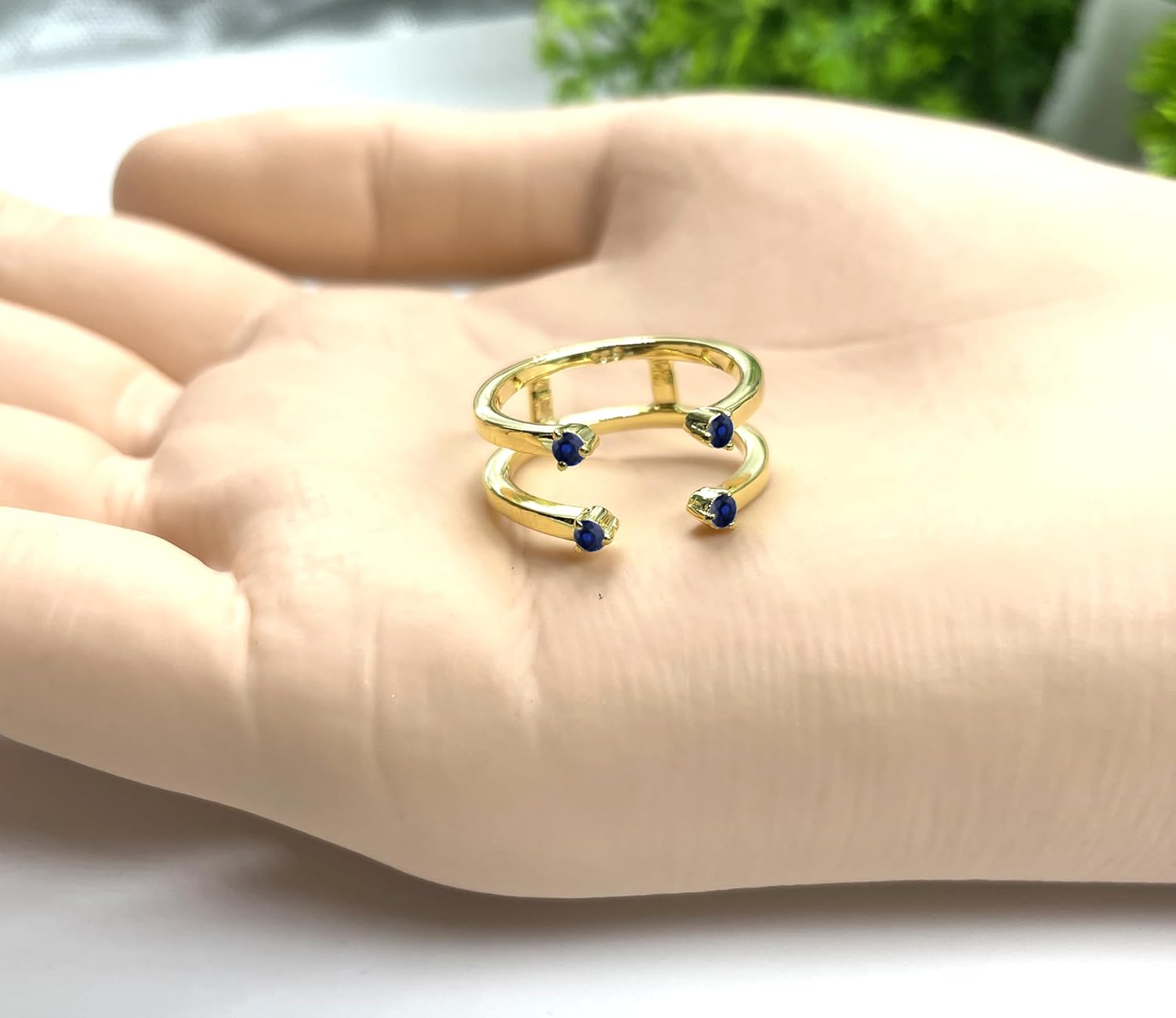 Round Cut Blue Sapphire 2-Stone Open Wedding Band Enhancer Guard For Women, 14K Gold Plated 925 Silver September Birthstone Blue Sapphire Open Two Stone Enhancer Wrap Guard Matching Band