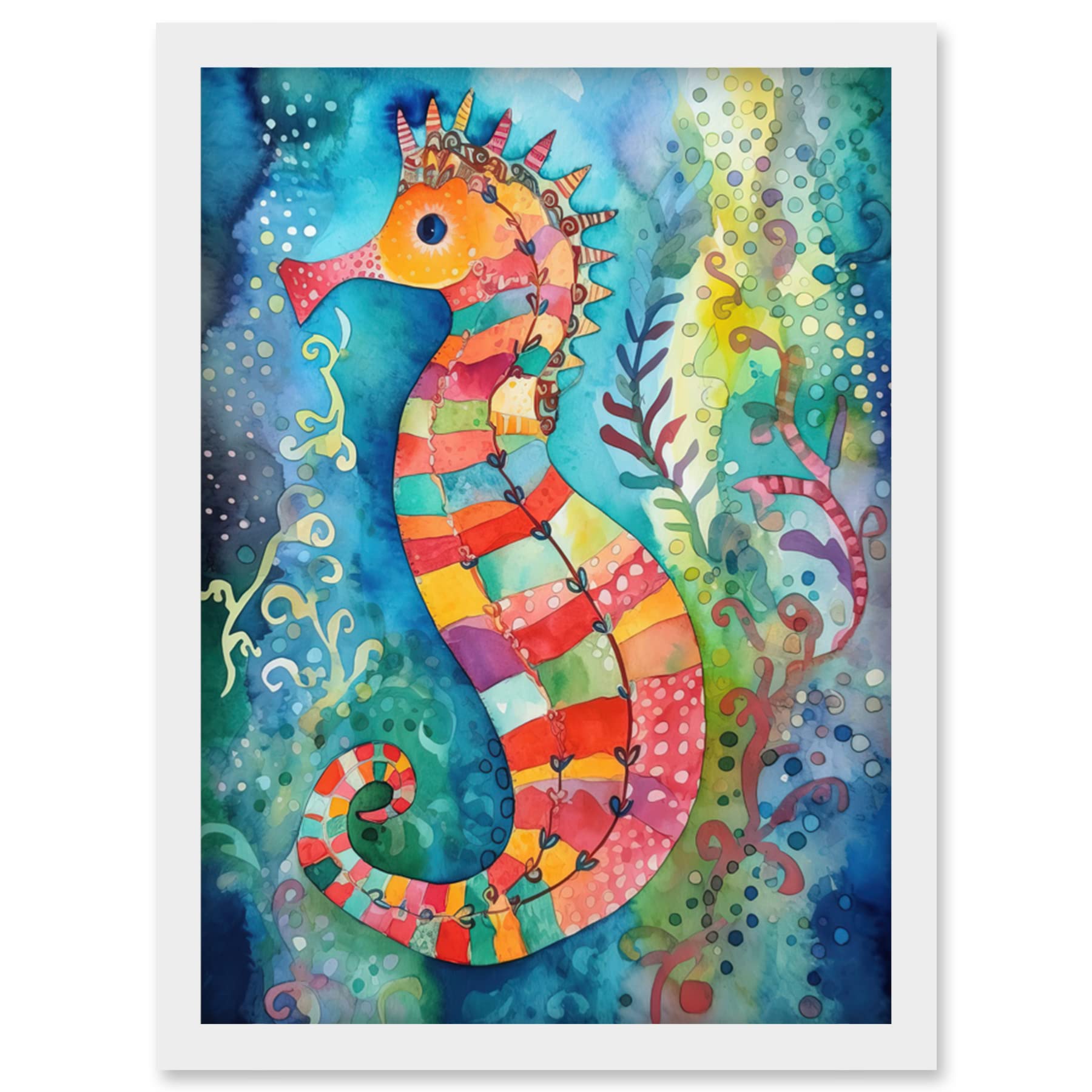 Artery8 Seahorse In Aquatic Plants Folk Art Artwork Framed Wall Art Print A4