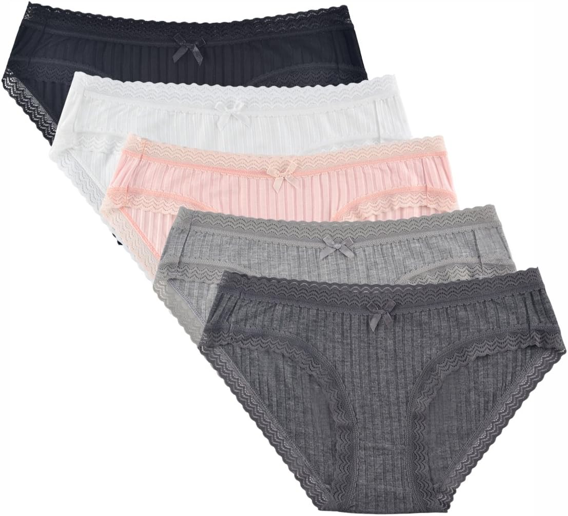 Women's Underwear Cotton or Bamboo Viscose Soft Bikini Panties Lace Trim 5 Pack