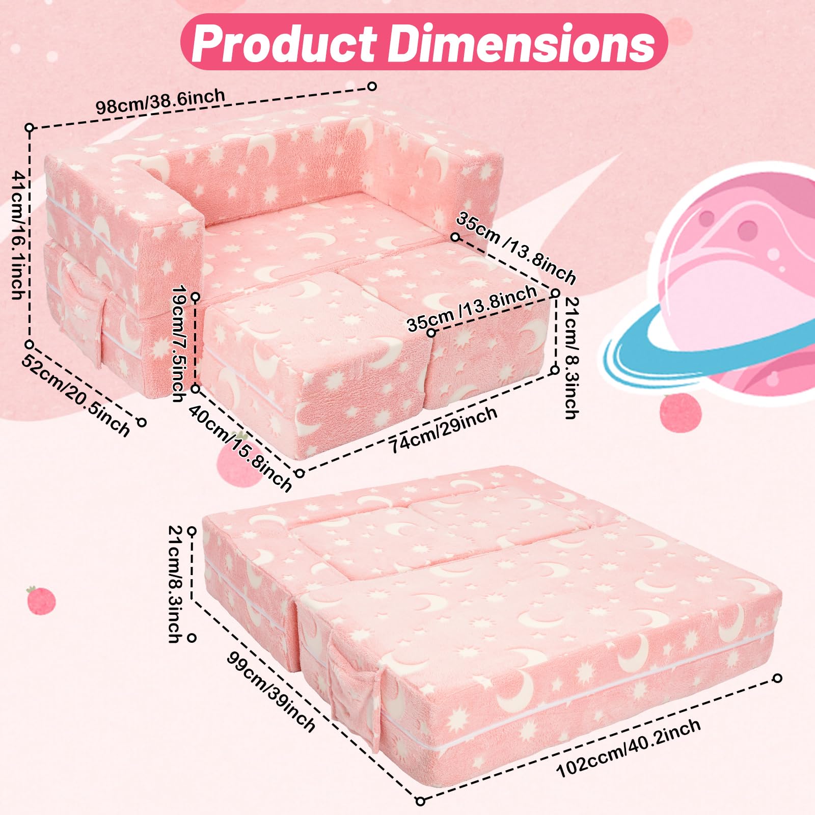Sillón Bebe, Plegable Sofa Infantil, Sillón Infantil 2 en 1, Sofá Cama Convertible Tumbona, Silla Ancha Suave Funda Extraíble, Rosa Estampado Estrellas, Brilla Oscuridad, Regalo Día Niño Cumpleaños