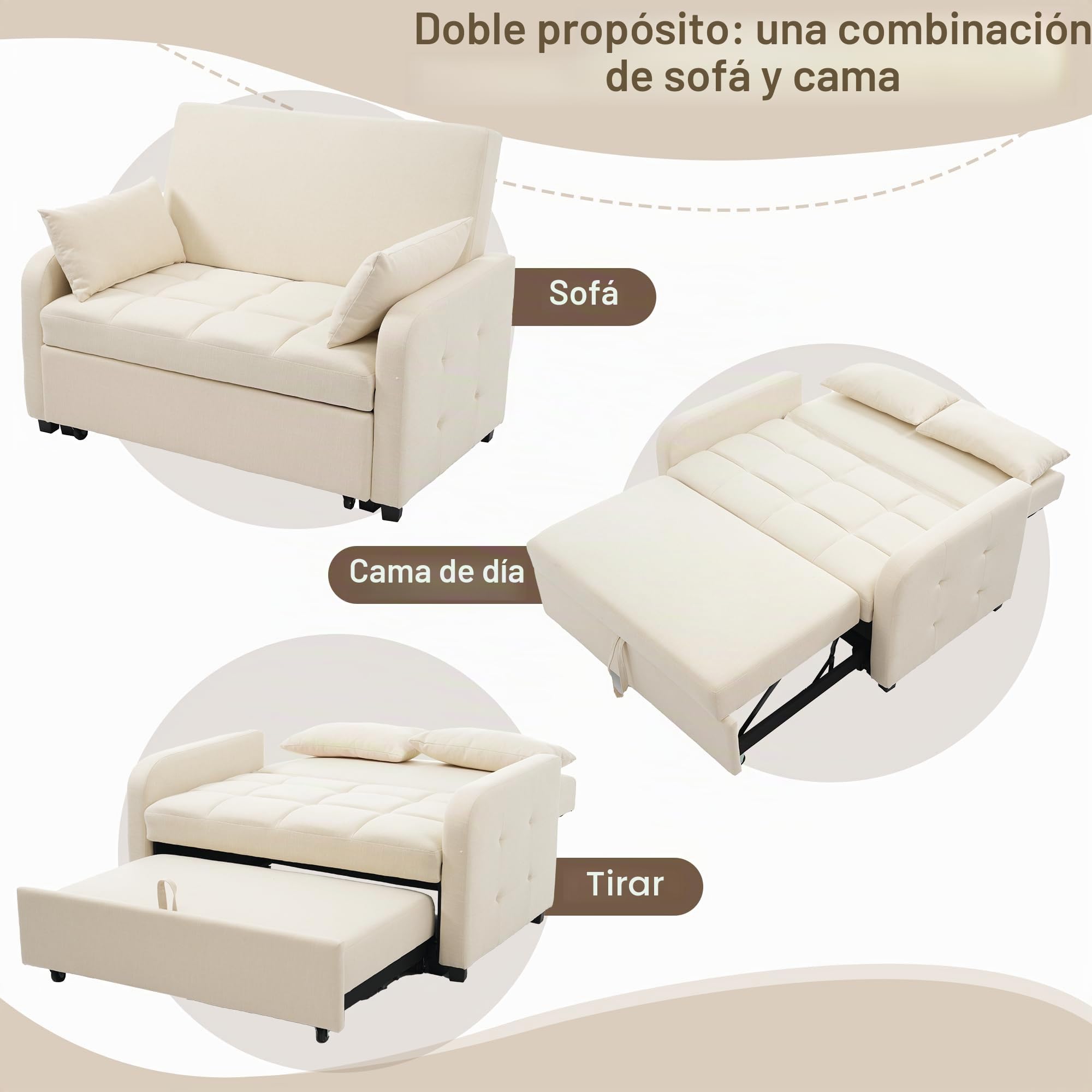 Dolamaní Sofá cama plegable con dormir y cajón, 2 plazas, 127 x 75 cm, extensible a 127 x 125 cm (beige)