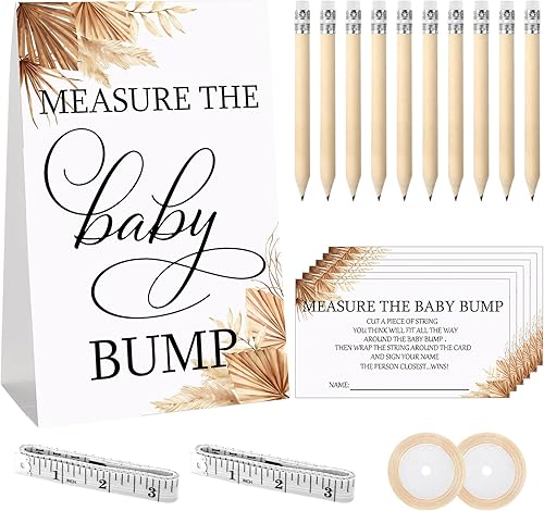 Miniatura 1 de Juego de 65 piezas para baby shower, 1 letrero de medición de la protuberancia del bebé, juego de medir el vientre de mamá y 50 tarjetas de