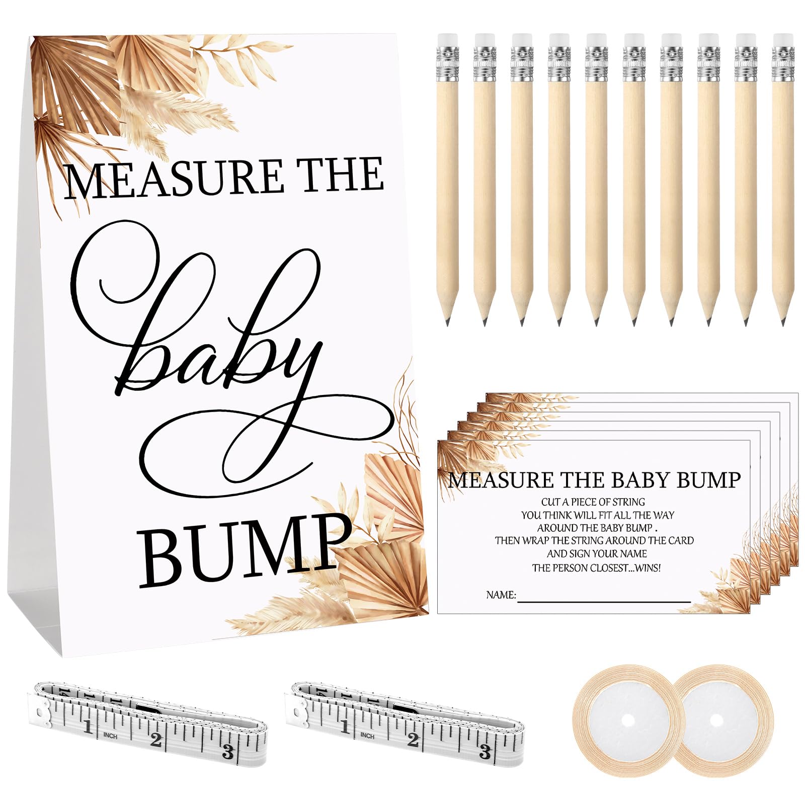 Fumete 65 Pcs Baby Shower Game Set Include Boho Measure the Baby Bump Sign 50 Guessing Cards 10 Pencils 2 Measuring Tapes and 2 Yellow Ribbon for Gender Reveal Party Game