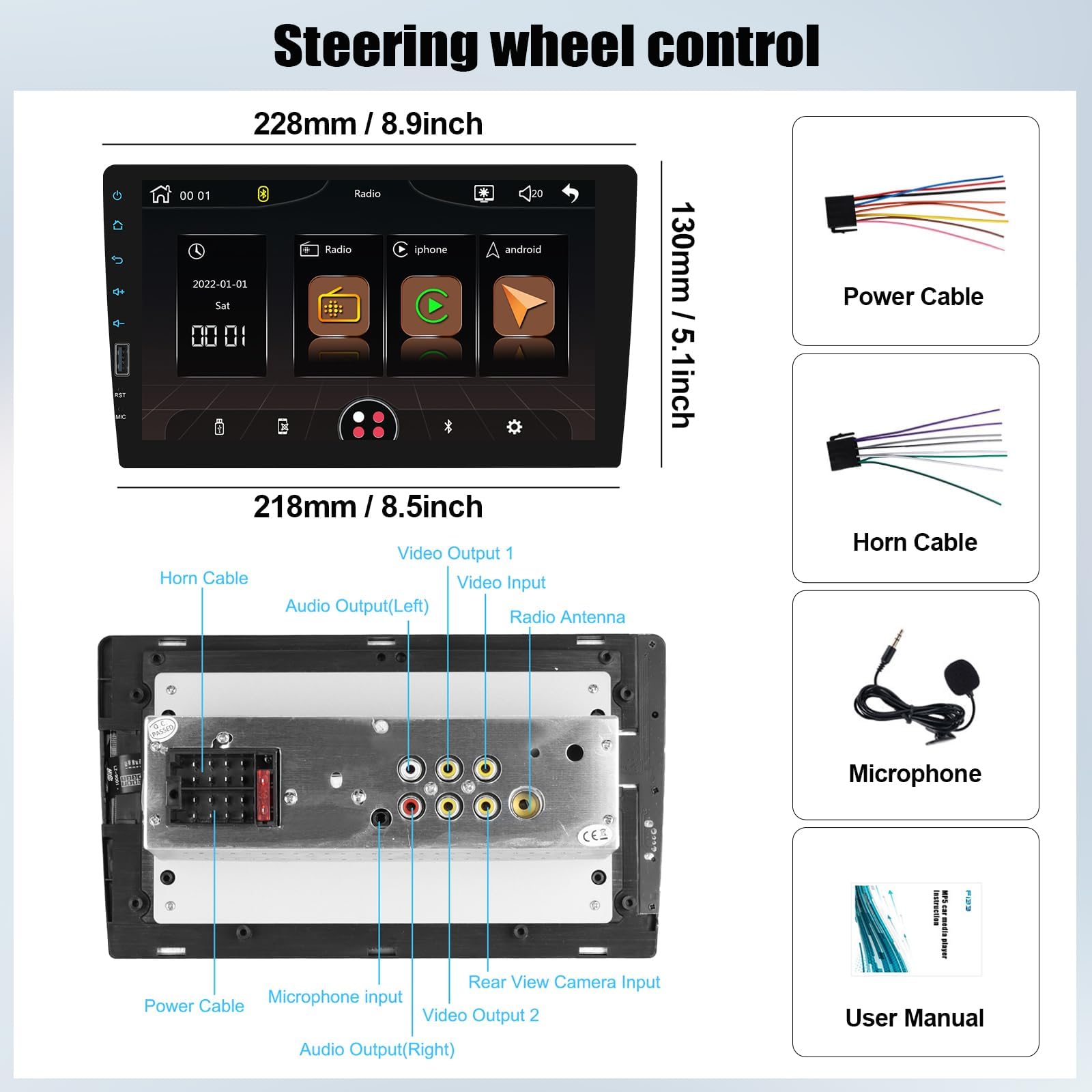 CAMECHO Wireless Carplay 1 DIN Autoradio con Car play Wireless Android Auto, Stereo auto con Schermo da 9 Pollici, Vivavoce Bluetooth, FM Radio, EQ, Mirror Link, Supporta USB+SWC