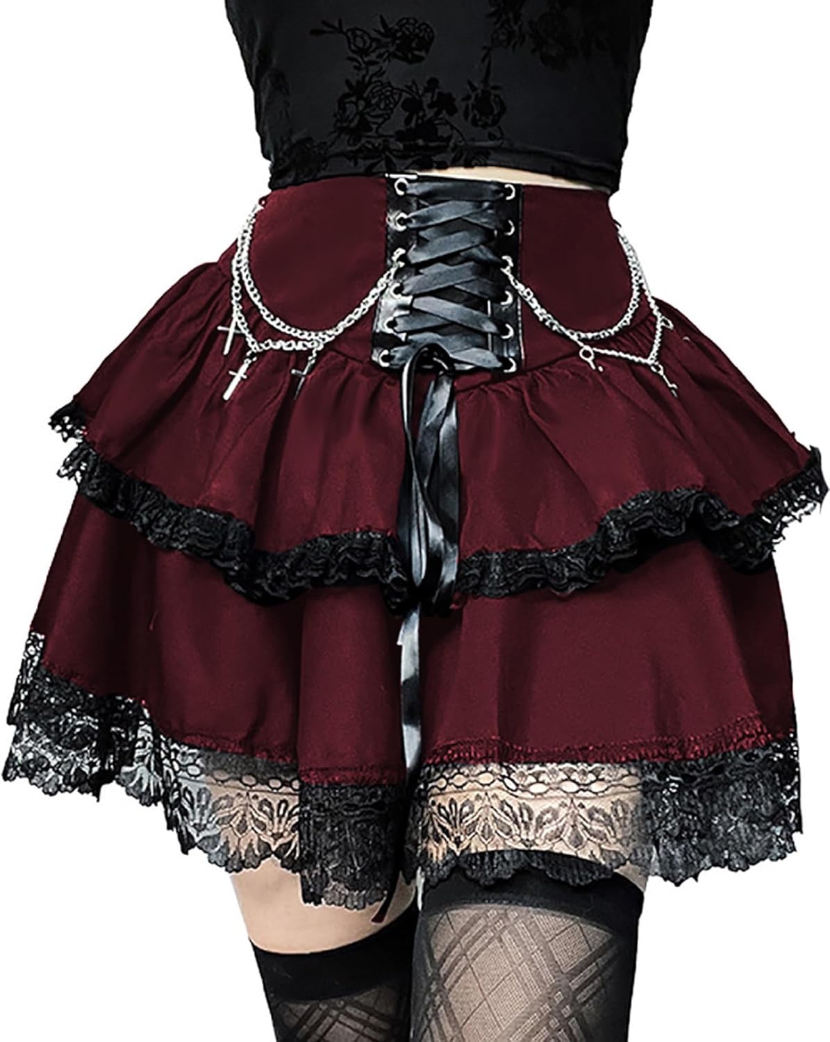 Womens High Waist Goth Punk Skirts with Chain Harajuku Lace Up Fluffy Double Layered Mini Y2k Skirts Red XL