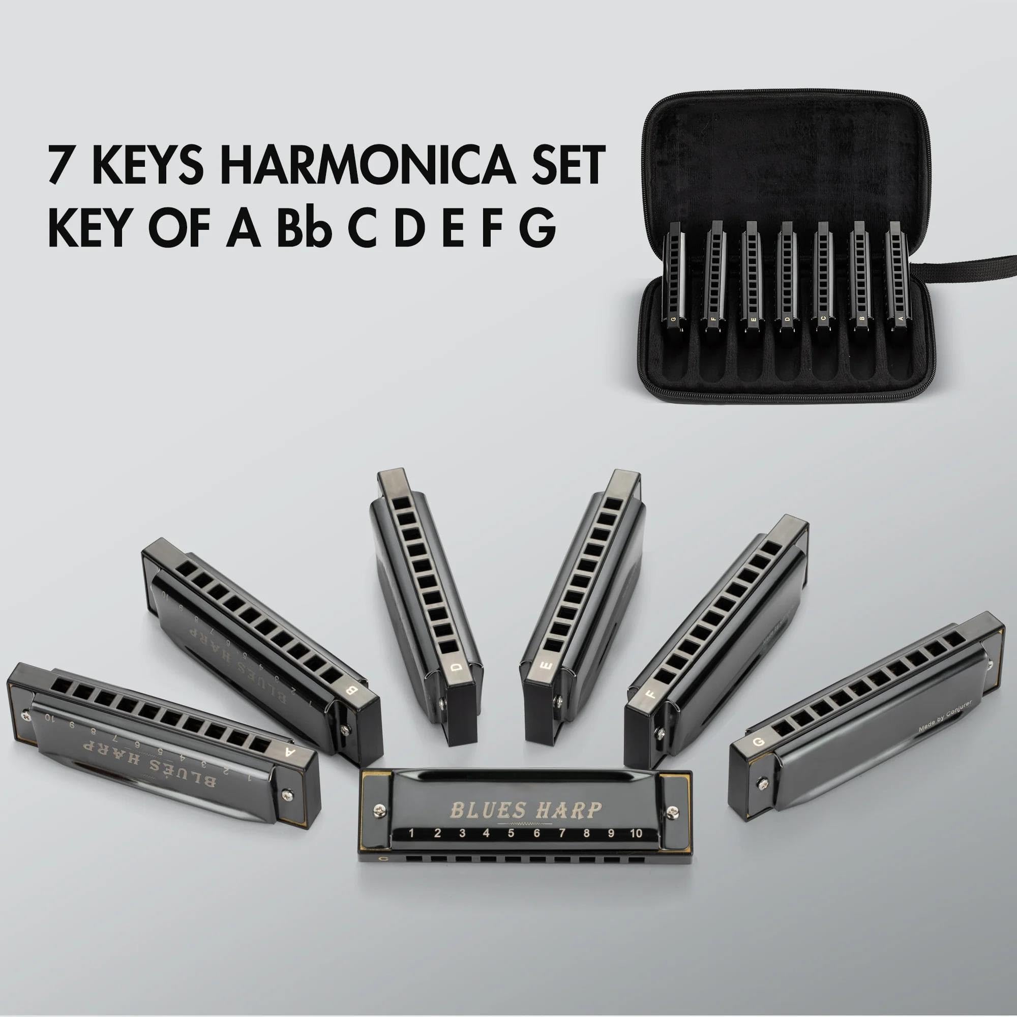 Set Di 7 Chiavi Per Armonica Blues A 10 Fori Con Custodia Per Regalo Per Adulti Professionisti Principianti(Black)