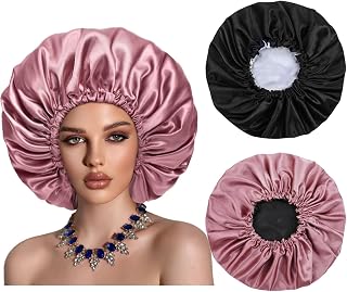 Satin Bonnet Silk Hair Cap: 2pcs Double Layer Reversible Extra Large Jumbo Adjustable Satin Lined Stainless Oversized Bonnets Sleep Night Cap No Slip-Off for Women Braids Sleeping (Black+Rosegold)