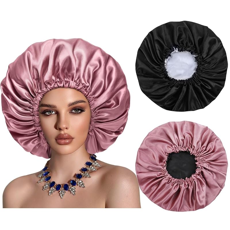 Cospack Touca de cetim dupla face e dupla camada, tamanho extragrande, ajustável, preta e Rosegold, pacote com 2