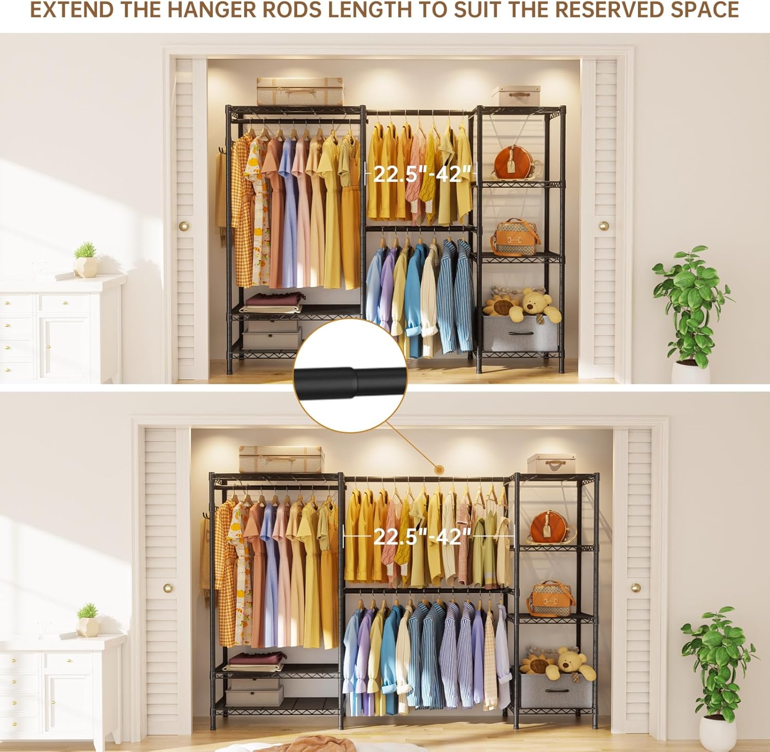 Coat Rack Clothes Wardrobe：Closet Organizer and Storage Clothing Garment Rack with Shelves Heavy Duty for Hanging Clothes Portable Adjustable Black 15.8" Dx(70-88.5)" Wx76.5 H