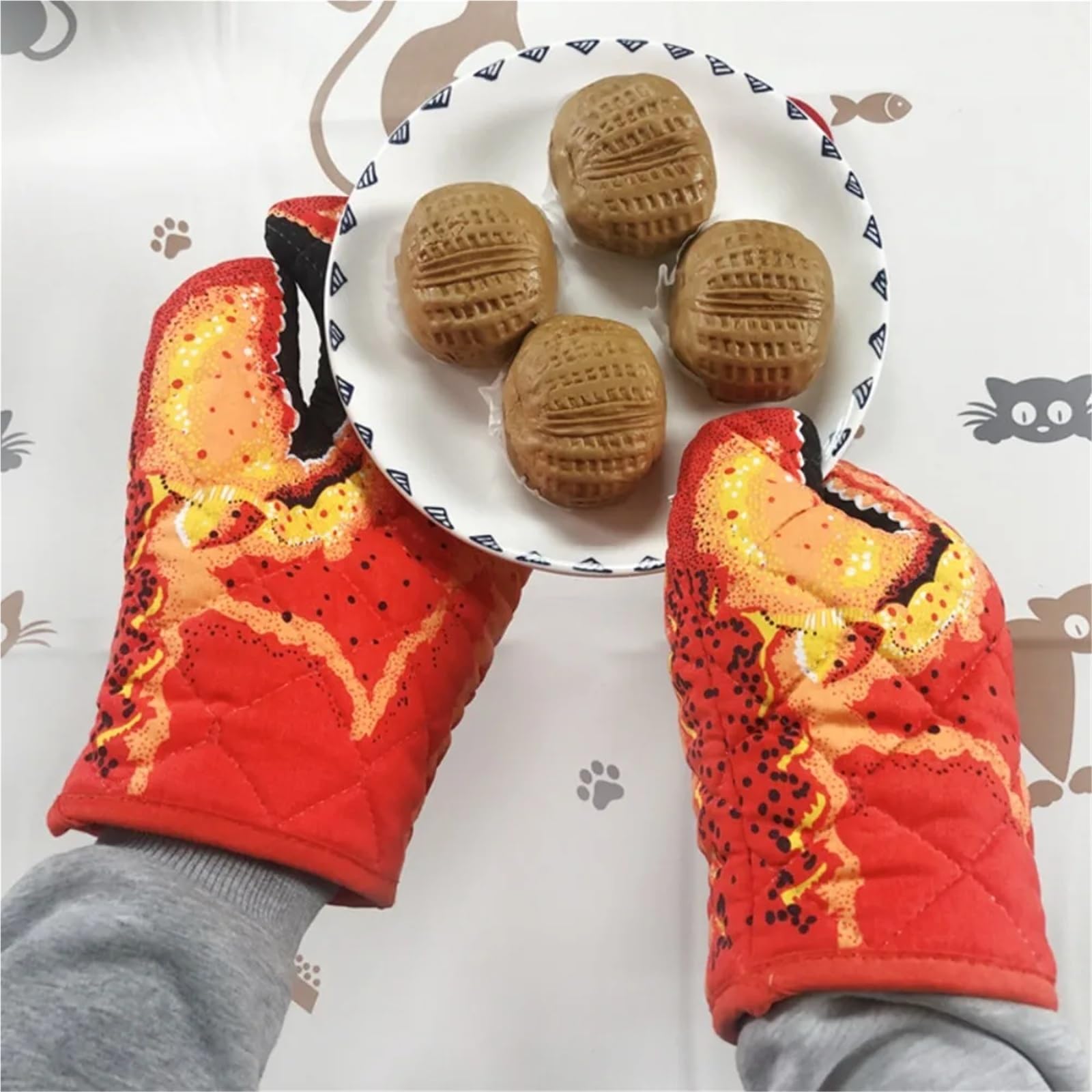 Gants de Four Longs en Coton à Griffes de Homard, Gants isolants antidérapants résistants à la Chaleur for la Cuisine, la Cuisson au Micro-Ondes(2PCS)