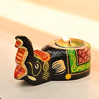 LoveNspire Wooden Elephant Tealight Candle Holder Handpainted Sitting Elephant T-Light Table Top Decorative Showpiece Home Living Room Office Decor Indian Festival Housewarming Diwali Return Gifts