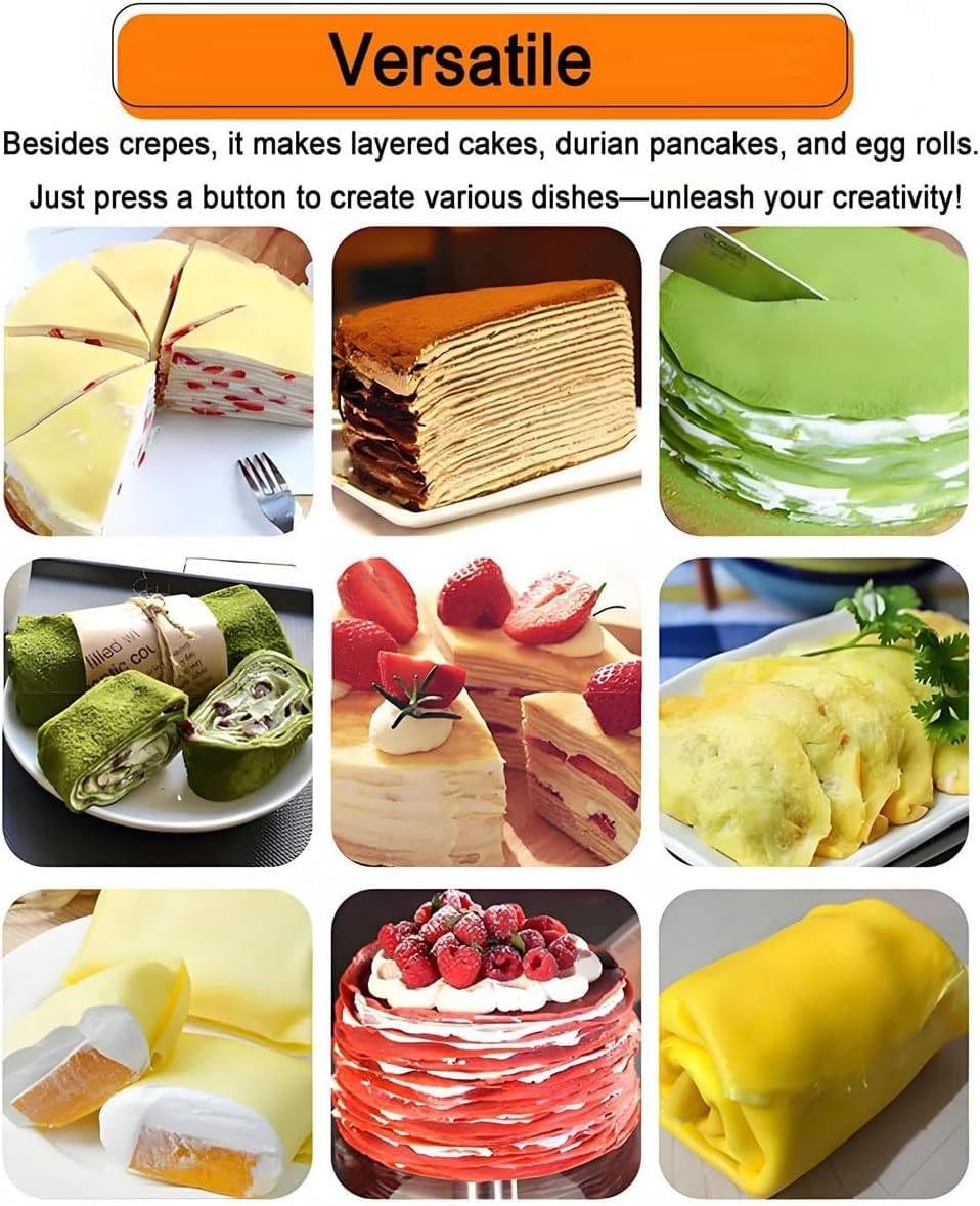 Máquina automática de pasteles para crepes Durian, motor eficiente, panel de control, calentamiento uniforme, produce 200-300 piezas/hora, ideal para restaurantes y cafeterías comerciales