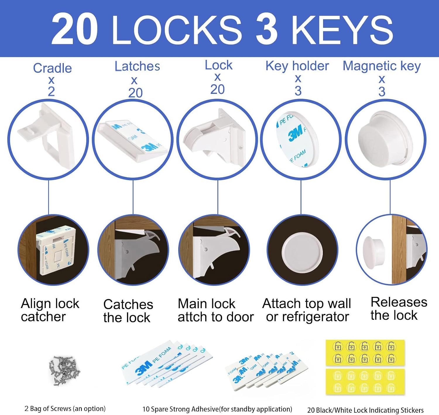 Magnetic Cabinet Locks Baby Proofing (General, Pack, 20)