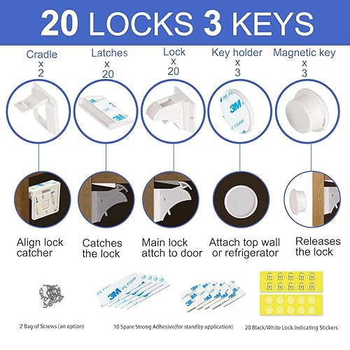 Miniatura 2 de Cerraduras magnéticas para gabinete a prueba de bebés, 20 cerraduras y 3 llaves, pestillos de seguridad adhesivos sin taladrar para armarios y
