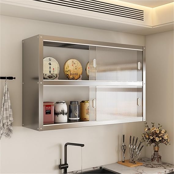 Kitchen Wall Mounted Cabinet with Sliding Doors, Easy to Clean Stainless Steel Kitchen Cabinet, Wall Unit for Kitchen, Bathroom, Bedroom, Garage, Laundry Room(90 x 35 x 70cm)