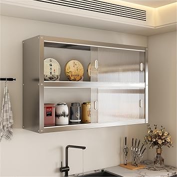 Kitchen Wall Mounted Cabinet with Sliding Doors, Easy to Clean Stainless Steel Kitchen Cabinet, Wall Unit for Kitchen, Bathroom, Bedroom, Garage, Laundry Room(90 x 35 x 70cm)