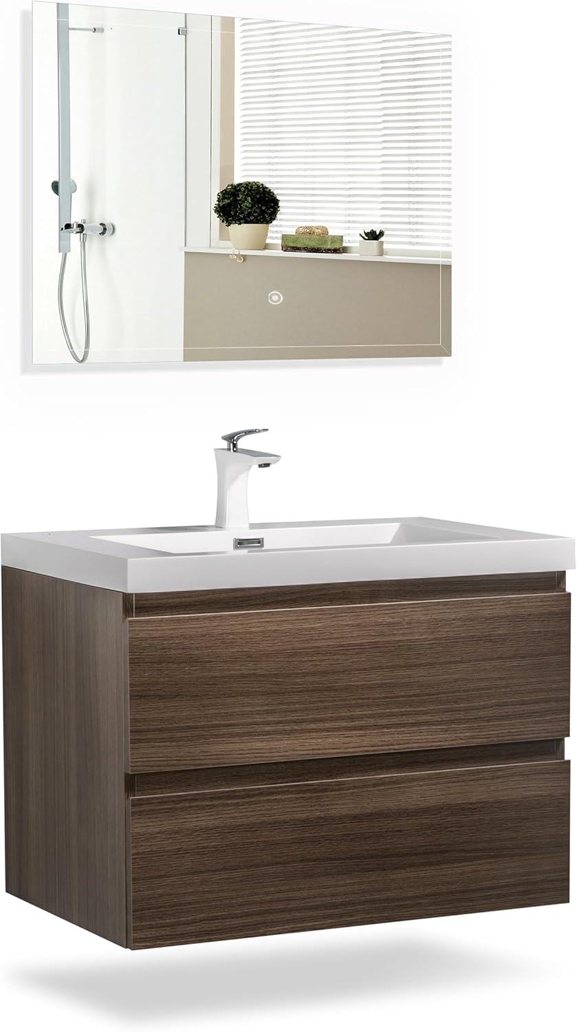 TONA 30" Bathroom Vanity with Sink Combo Floating Bathroom Vanity with Invisible Handle, Wall Mounted Vanity Set with Oversized Storage Cabinet and Integrated Basin - (Ash Grey, Angela 30")