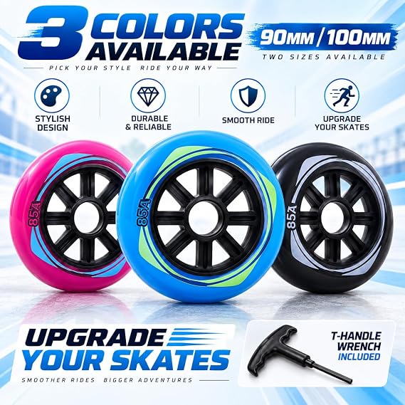 8 Pack Inline Skate Wheels 90mm 100mm, 85A PU Replacement Wheel with Bearings & T-Handle Wrench, Smooth Quiet Durable Roller Skate Wheel for Fitness, Commuting and Outdoor Skating (pink,100mm)
