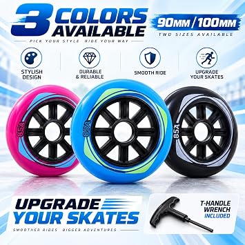 8 Pack Inline Skate Wheels 90mm 100mm, 85A PU Replacement Wheel with Bearings & T-Handle Wrench, Smooth Quiet Durable Roller Skate Wheel for Fitness, Commuting and Outdoor Skating (pink,100mm)