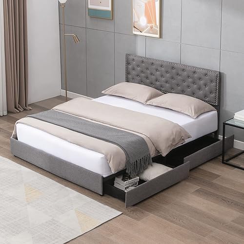 CECER Base de cama de tamaño matrimonial con 4 cajones de almacenamiento, base de cama tapizada de lino con cabecera ajustable, no necesita somier,