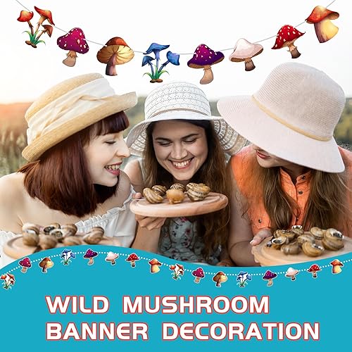 Miniatura 6 de Tranqun Juego de 4 banderines de hongos para decoración de fiesta de cumpleaños con temática de hongos salvajes