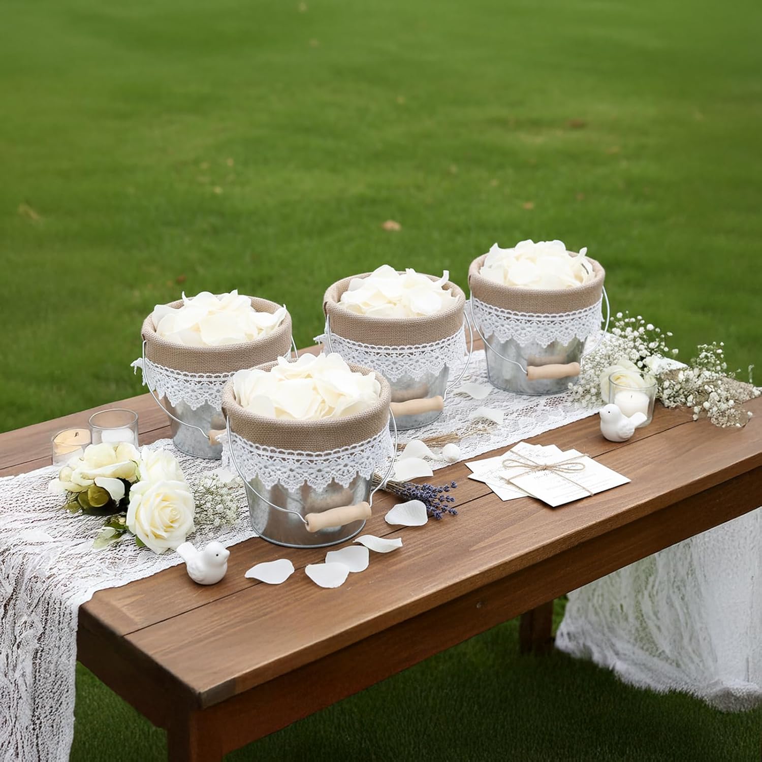 4 Pcs Wedding Flower Girl Basket Rustic Iron Bucket with Linen Lace Lining Wooden Handle for Wedding Party Floral Candy Storage Home Vintage Decoration
