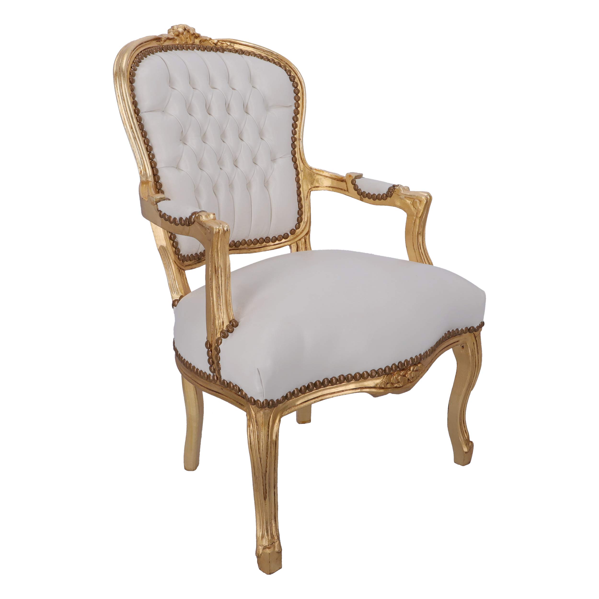 Way Home Store - Fauteuil BAROCCO Luis style français Louis XVI couleur or et simili cuir blanc avec clous -fauteuil entièrement en bois - Dimensions : 60 x 65 x 94 cm