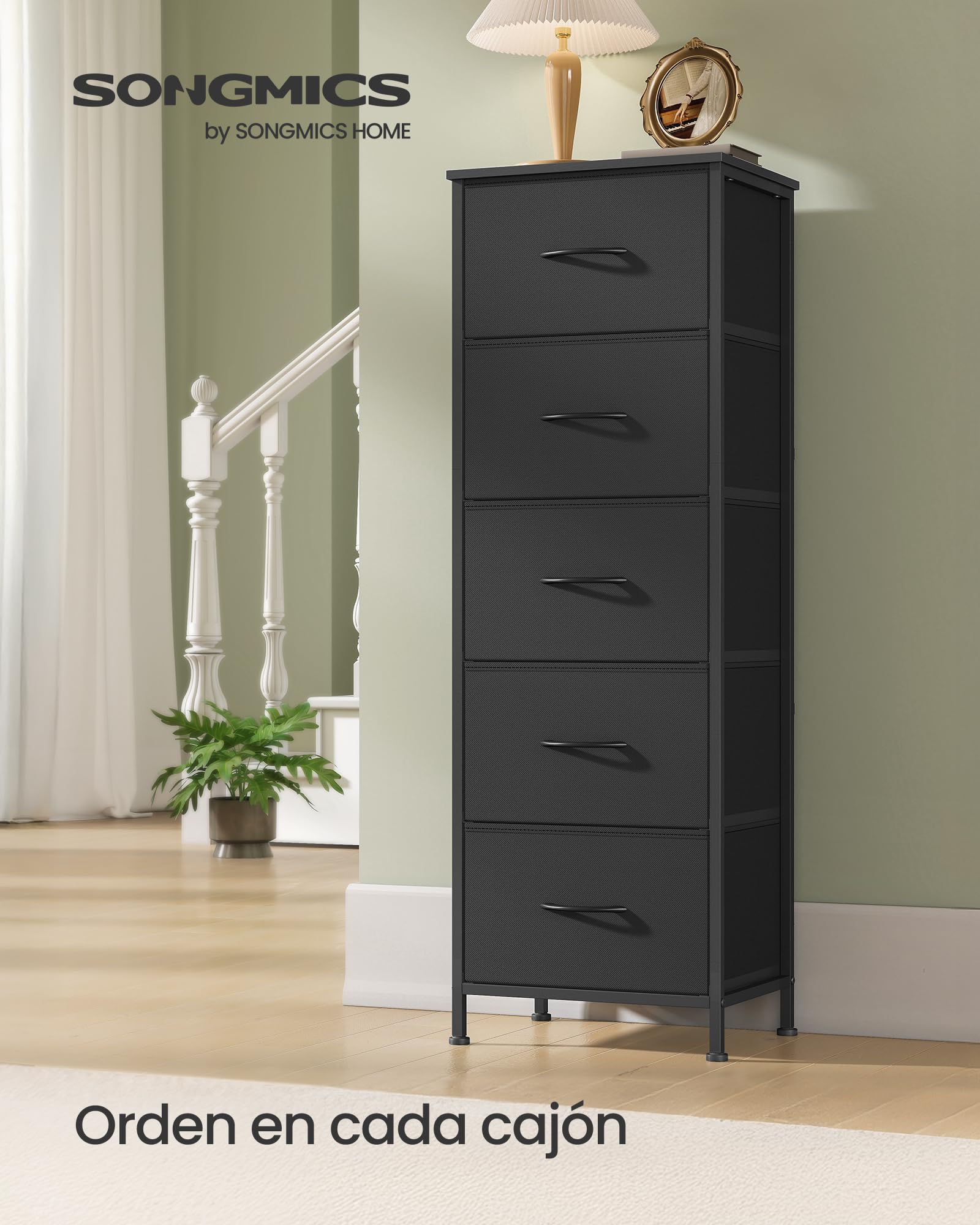 SONGMICS BELLAH Colección - Cómoda, 5 Cajones de Tela, Acero, MDF, Tela no Tejida, para Dormitorio, Armario, Pasillo, Salón, Negro Tinta y Negro Ébano LGS315BH03