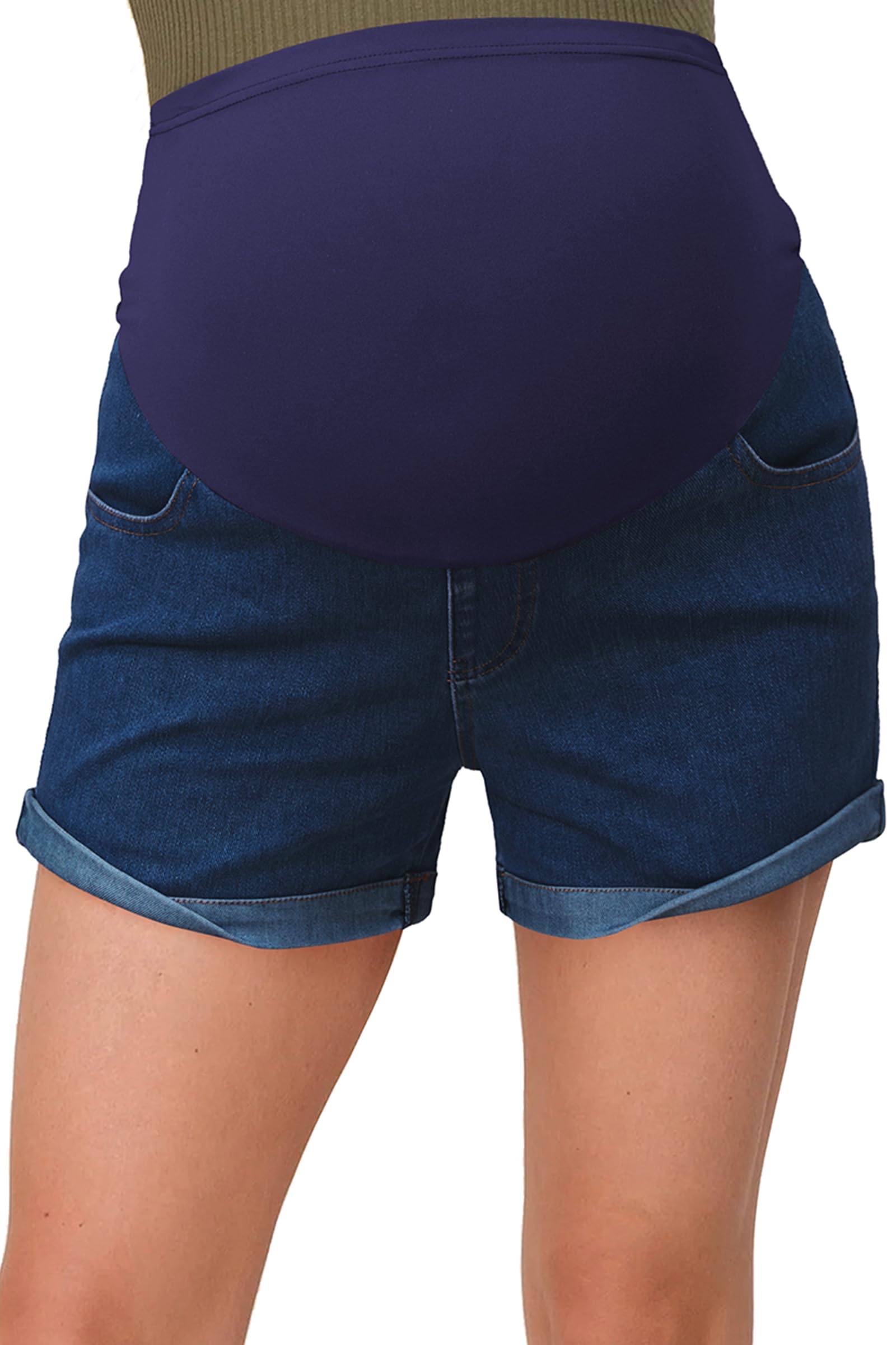 OUGES Womens Summer Maternity Denim Shorts Over The Belly Stretchy Cuffed Hem Casual Pregnancy Jean Shorts with Pockets
