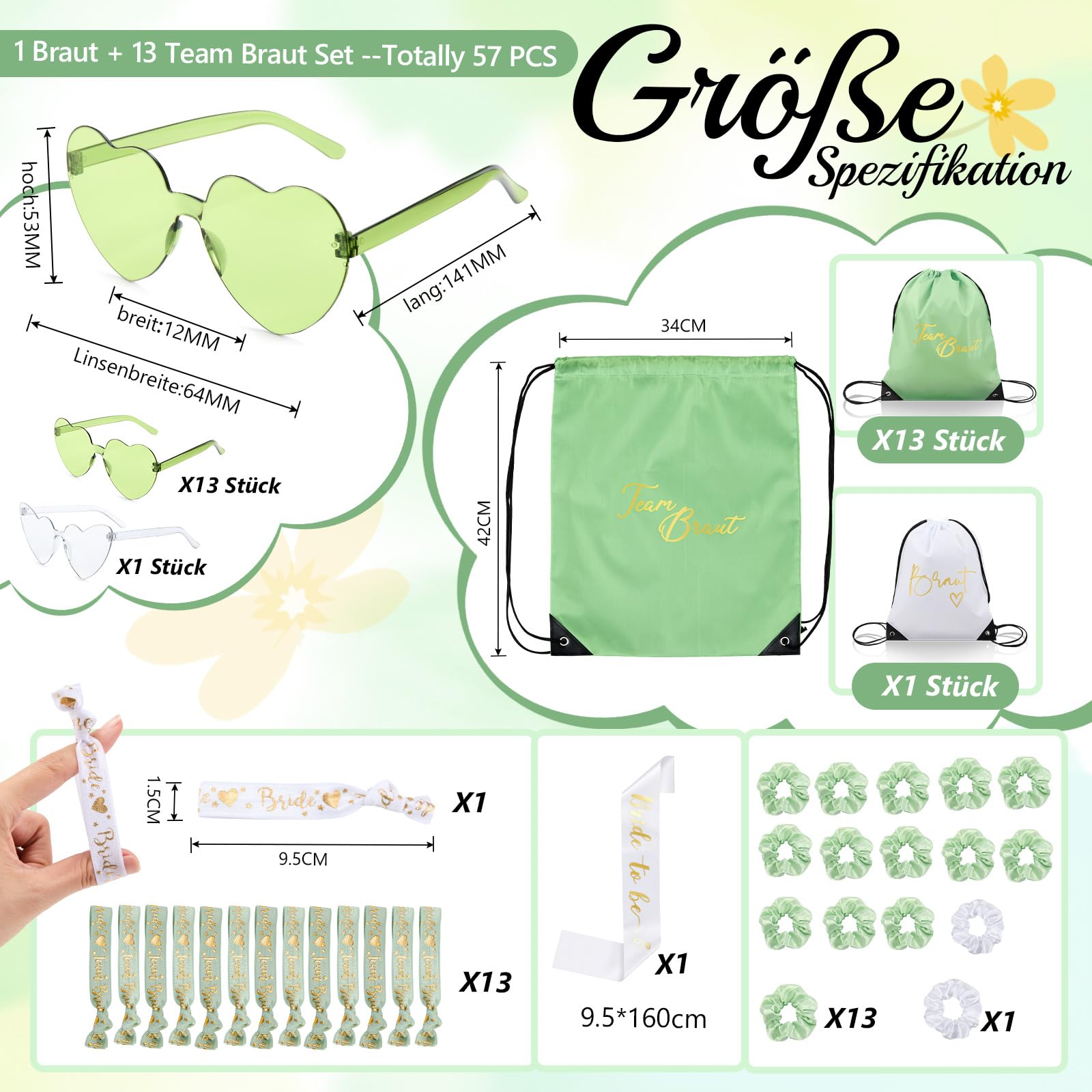BBTO 57 Pezzi Accessori Addio al Nubilato Donna Bride To Be & Team Bride Kit con 14 Sacche Zaino, 14 Occhiali a Cuore, 14 Bracciali, 14 Scrunchie e 1 Fascia Sposa